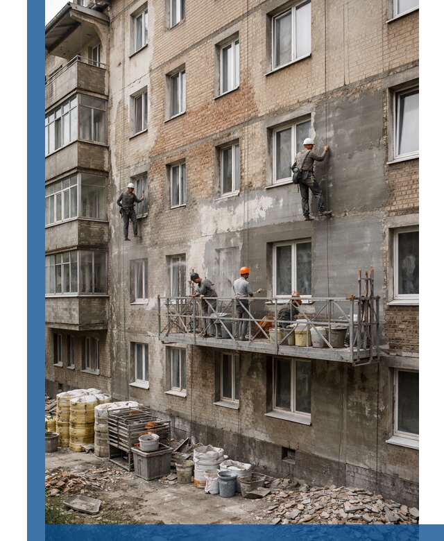 Капитальный ремонт фасада в Новочеркасске с восстановлением и гидроизоляцией