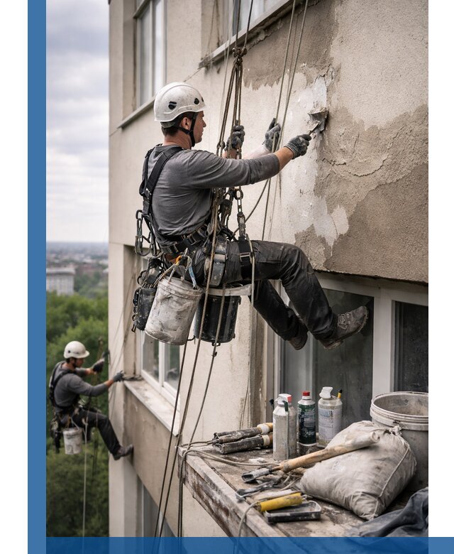 Косметический ремонт фасада зданий в Новочеркасске промышленными альпинистами