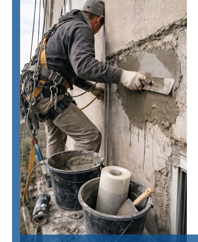 Ремонт бетонных элементов фасада промышленными альпинистами в Новочеркасске