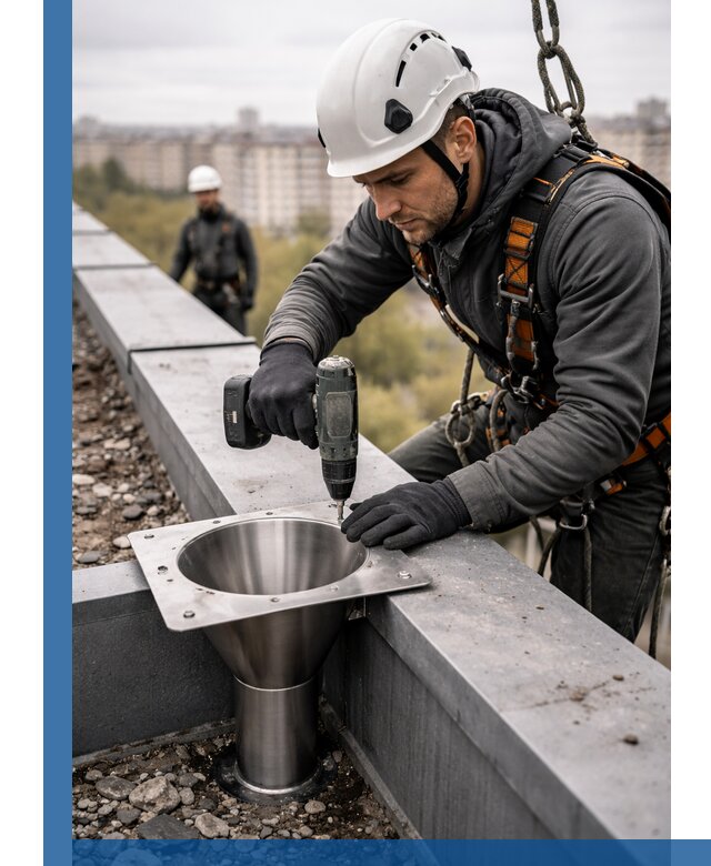 Монтаж водосточных воронок в Новочеркасске для промышленных зданий