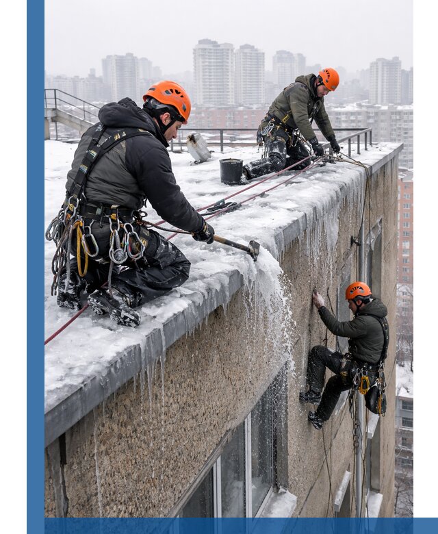 Удаление наледи с кровли в Новочеркасске промышленными альпинистами