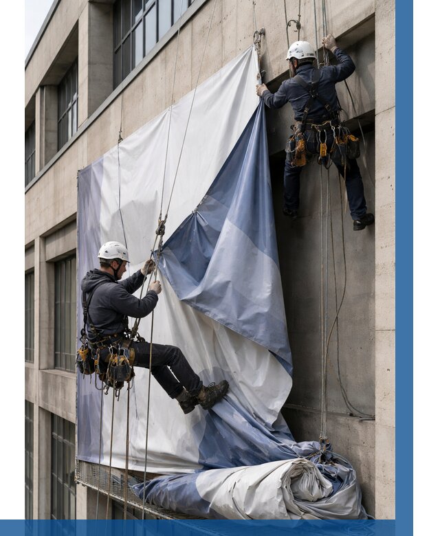 Демонтаж баннеров с фасада в Новочеркасске от 4605 р. | ВЫСОТНИК-Нвч