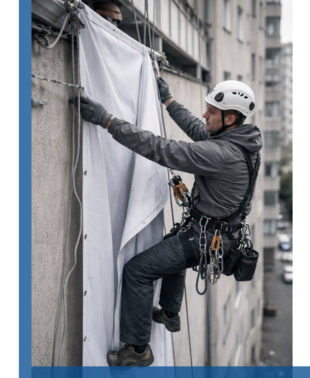 Замена баннерного полотна промышленными альпинистами в Новочеркасске