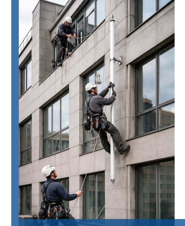 Монтаж флагштока на фасаде здания с креплением и герметикой в Новочеркасске