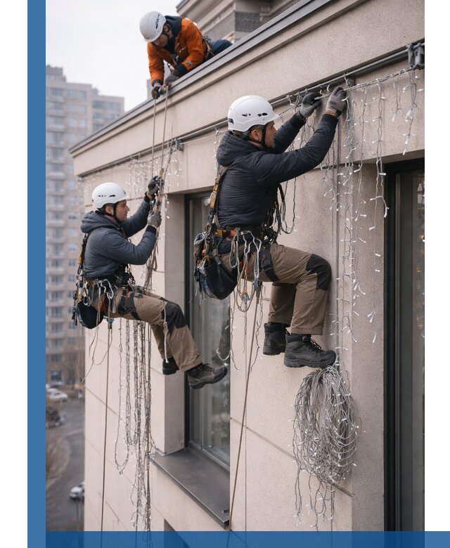 Монтаж праздничных гирлянд на фасаде в Новочеркасске для зданий