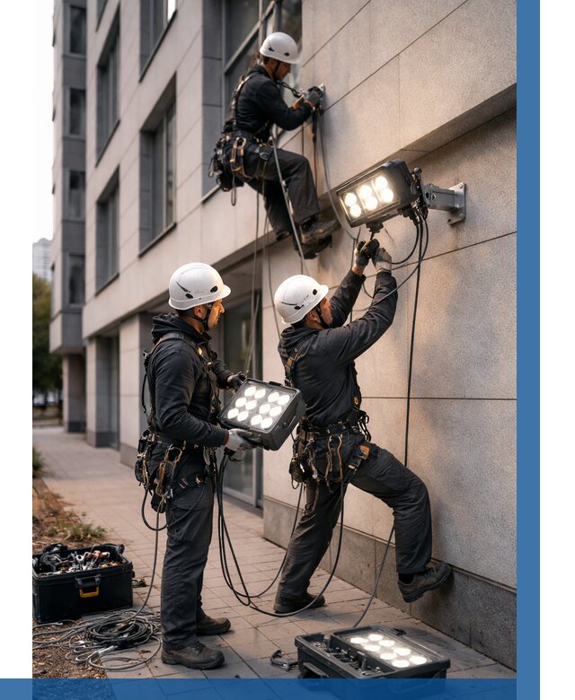 Монтаж прожекторов на фасаде в Новочеркасске от 7676 р. | ВЫСОТНИК-Нвч