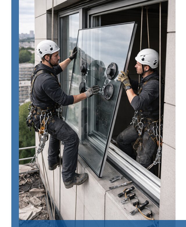 Замена стеклопакетов на высоте с промышленными альпинистами в Новочеркасске