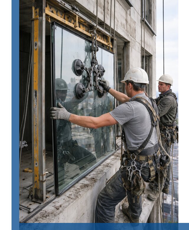 Монтаж стеклопакетов на высоте в Новочеркасске с промышленным альпинизмом