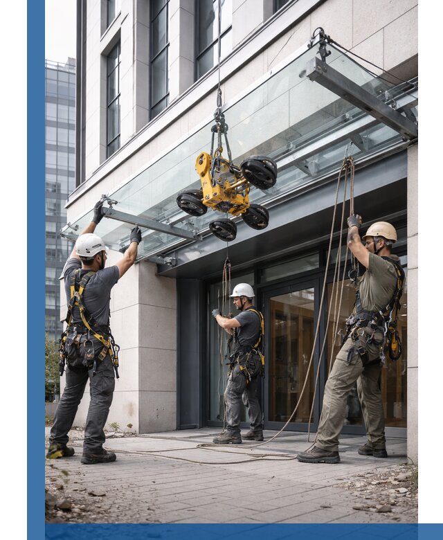 Монтаж стеклянных козырьков под ключ в Новочеркасске для зданий