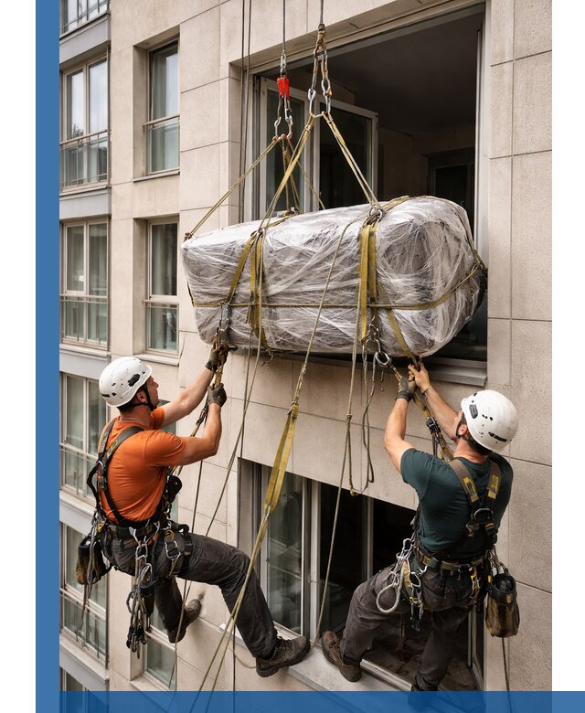 Подъем грузов через окно в Новочеркасске промышленными альпинистами