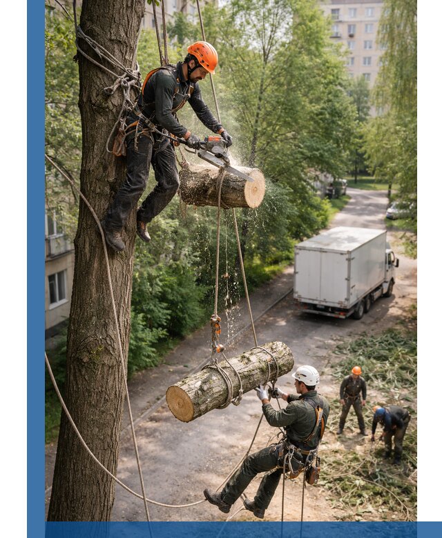 Спил деревьев альпинистами в Новочеркасске, безопасно и без повреждений